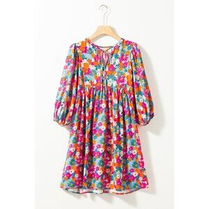 Floral Tie Neck Puff Sleeve Mini Dress